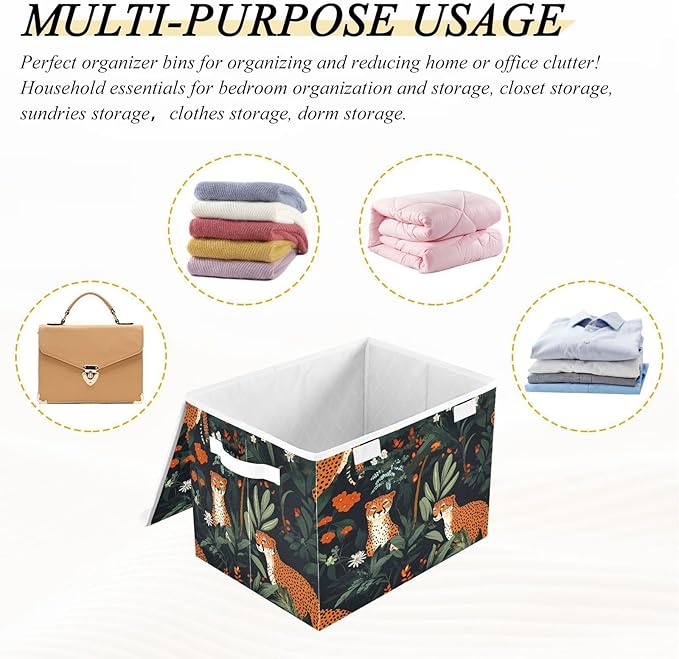 Doodle Leopard and Flower Foldable Storage Baskets Fabric Boxes with Handle Organizers with Flip-Top Lids Storage Bins for Home Bedroom Office