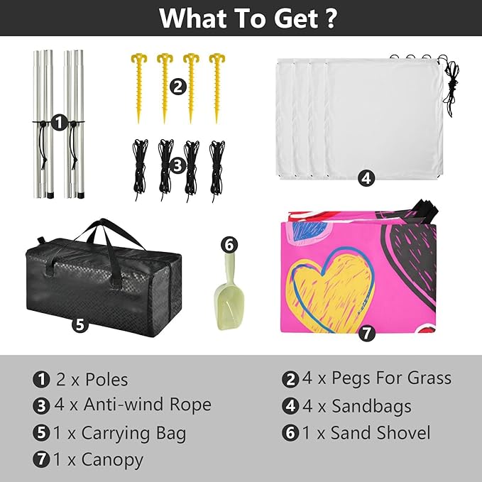Beach Canopy with Windproof Ropes &amp Sandbags Beach Tent Sun Shade Sun Shelter for Camping Trips Fishing Backyard Fun or Picnics Heart