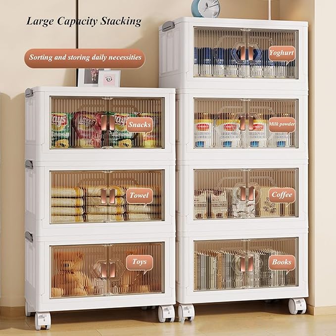 Generic Storage Bins with Lids Stackable Plastic Containers Storage Box Storage Cabinet with Door White Closet Organizers for Organization 52x30cm 4 Tier