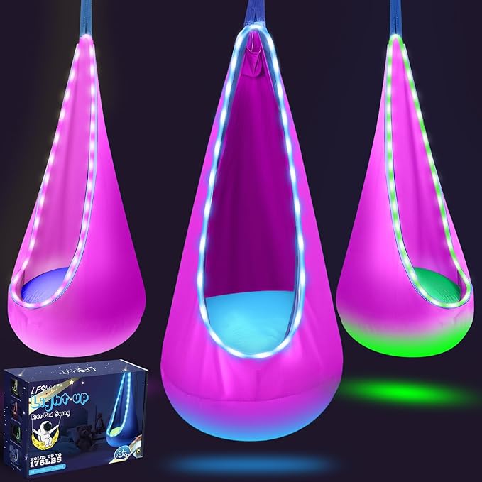 Light Up Kids Pod Swing Seat Upgraded Kids Hanging Hammock Swing with LED Lights Cotton Sensory Pod Swing Chair with Inflatable Pillow Pod Swing for Kids Indoor &amp Outdoor (1 PCS) (Pink)