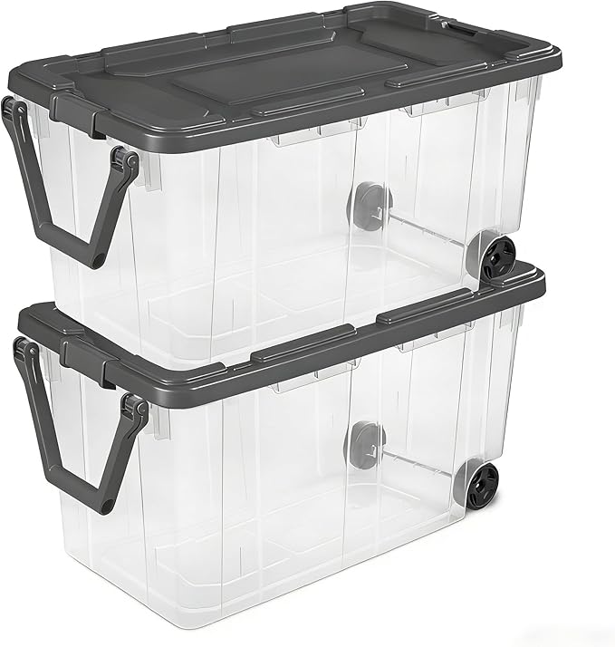 160 Quart Wheeled Stacker Extra Large Durable Clear Bin Latch Lid and Pull Handle Gray 2 Count
