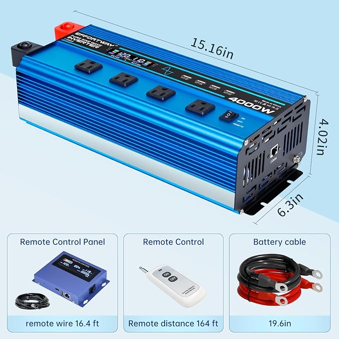 4000w Pure sine Wave Inverter DC 12V to AC 110V/120V Converter 8000w (Peak) with LCD Display Wireless/Wired Remote Control 4AC outlets and 4USB.Ideal for Camping RV Travel Off-Grid Solar Systems