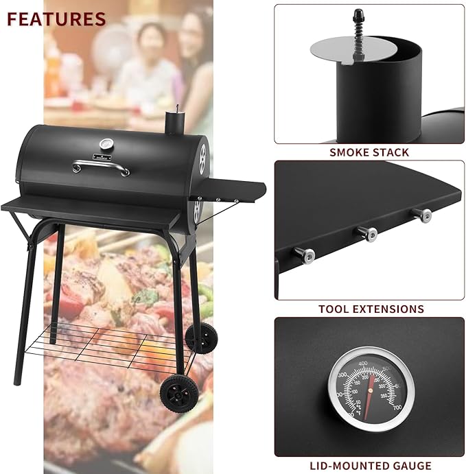 Charcoal Grill Outdoor BBQ Grill 30INCH Barrel Charcoal Grills with Side Table 627 Square Inches Outdoor Backyard Camping Picnics Patio and Parties Black by DNKMOR