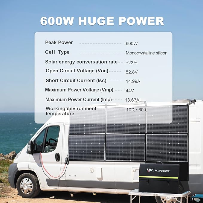 ALLPOWERS SP039 600W Portable Solar Panel Foldable Solar Charger with 24% High Efficiency Monocrystalline Cells IP67 Waterproof for Generator RV Camping Motorhome Off-Grid Power Backup