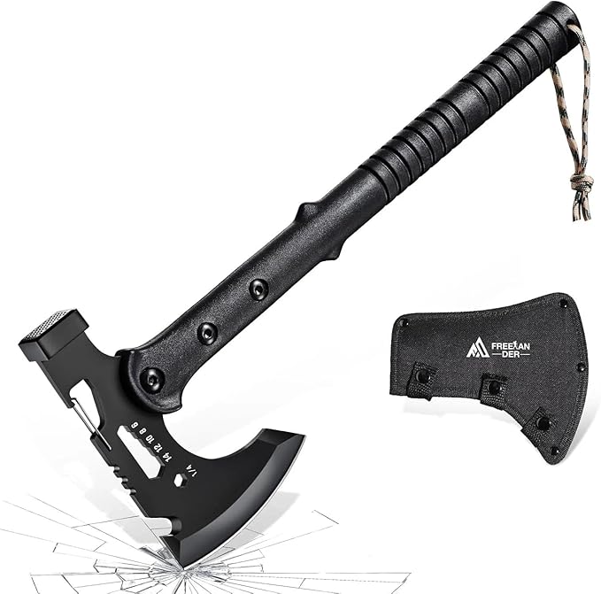 Freelander Camping Axe with Sheath Sharp Tactical Hatchet Axe with Clip and Bottle Opener Multi-Functional Hammer Tactical Tomahawk Survival Tomahawk Axe for Camping (Black 15 Inch)