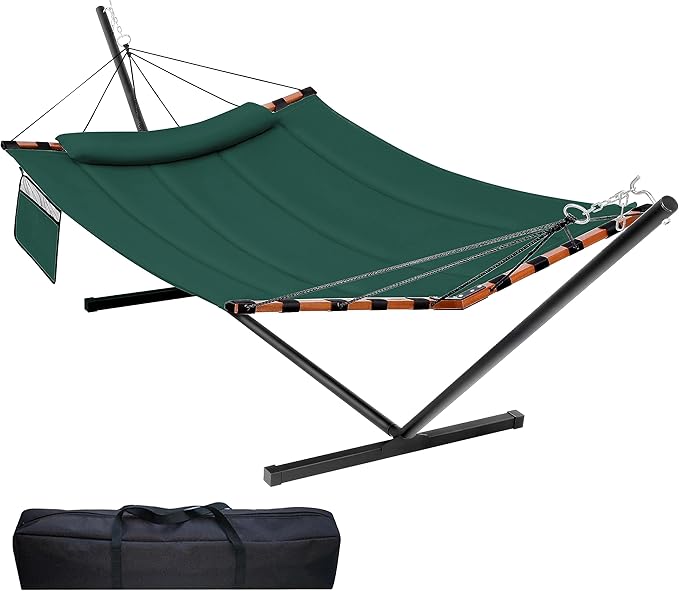 TegerDeger 12FT 2 Person Hammock with Stand Included 55 x 79IN Large Hammock 450LB Capacity with Hardwood Spreader Bar &amp Nylon Rope for Outside Patio Garden Backyard Beach Poolside - Dark Gre