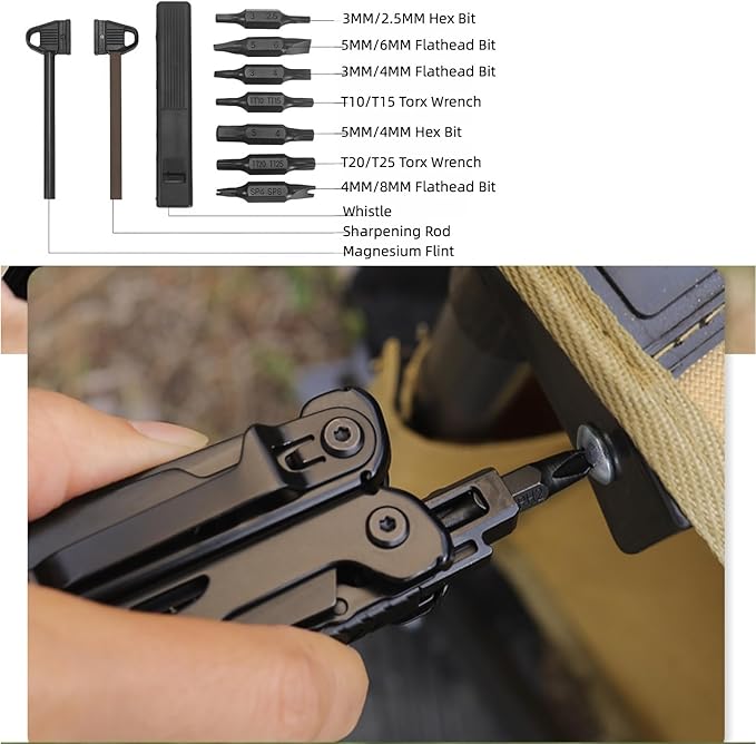 Multitool 20-in-1 Full-Size Lightweight EDC Multi-Purpose Pliers Pocket Knife Tactical Gear Nylon Bag Tools Gifts for Guys Equipment for Emergencies Hiking and Outdoor Camping (Black)