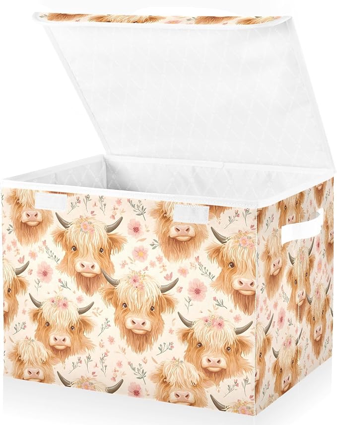 Storage Cube with Lid Cartoon Cattles Print 16.5×12.6×11.8 IN 1 Pack Collapsible Large Capacity Foldable Storage Basket Bin Organizer