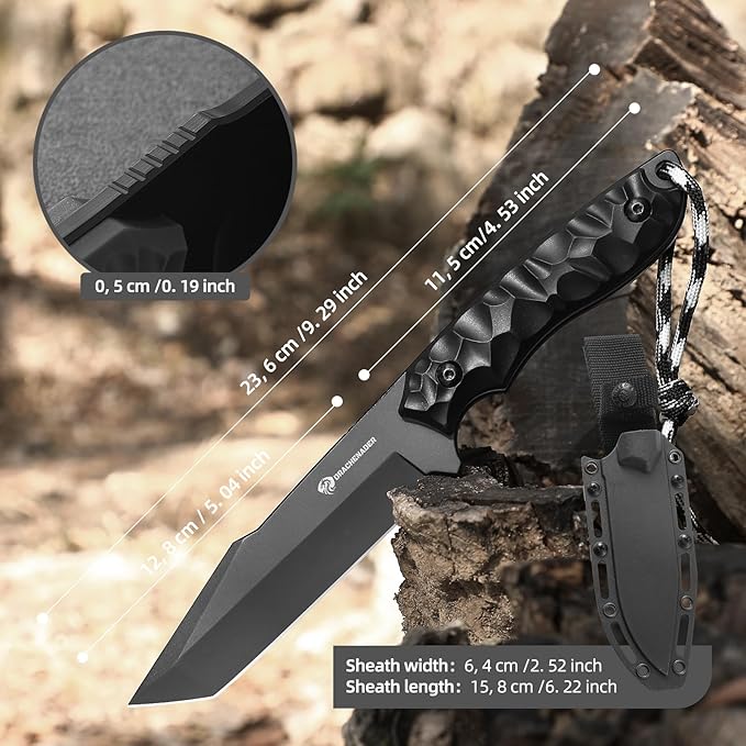 DRACHENADER Tanto Fixed Blade Knife with Sheath Tactical Knife for Men Survival Full Tang Design (E-Full Black)