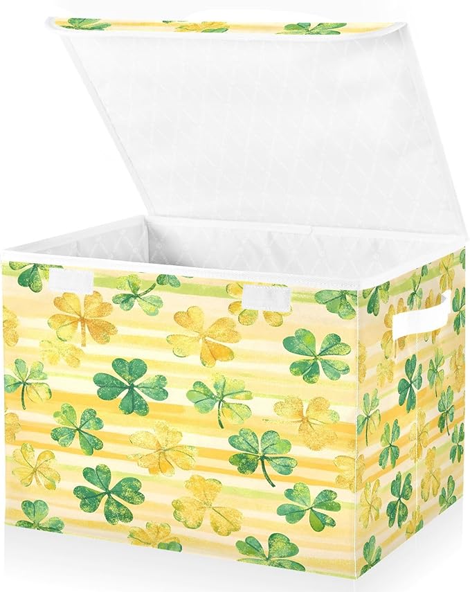 Shamrock Storage Baskets with Lids St. Patrick's Day Collapsible Bins Stackable Fabric Linen Baskets Closet Organizer Container 16.5x12.6x11.8