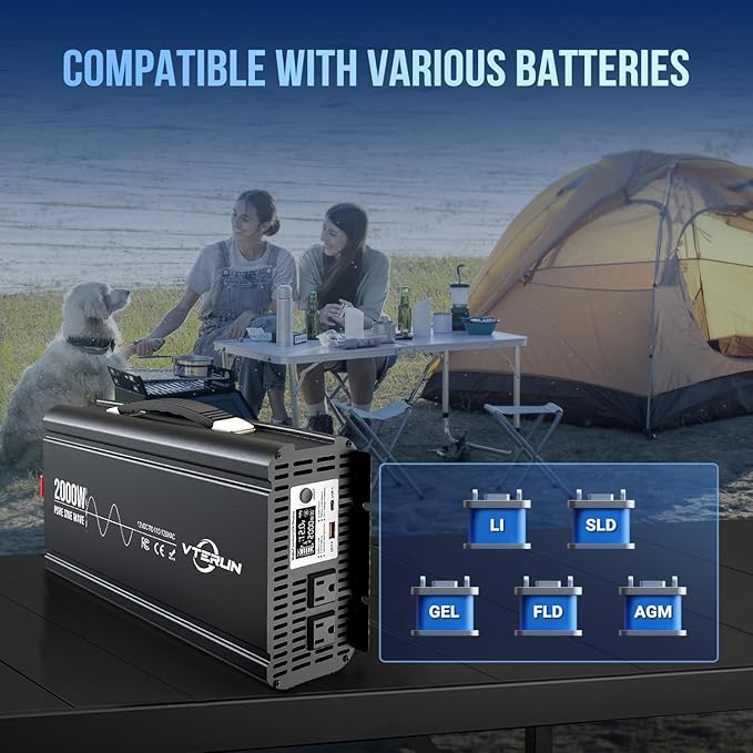 2000W Pure Sine Wave Inverter 12V DC to 110-120V AC Efficient Energy Converter for Home RV Use with APP Wireless Remote Control with USB C Ports