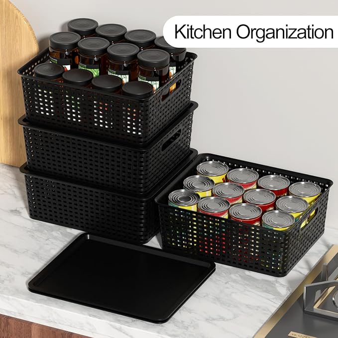 6 Packs Plastic Woven Storage Basket with Lids Lidded Storage Basket Bin for Shelves 14.05 L x 11.65 W x 5.31 H Black