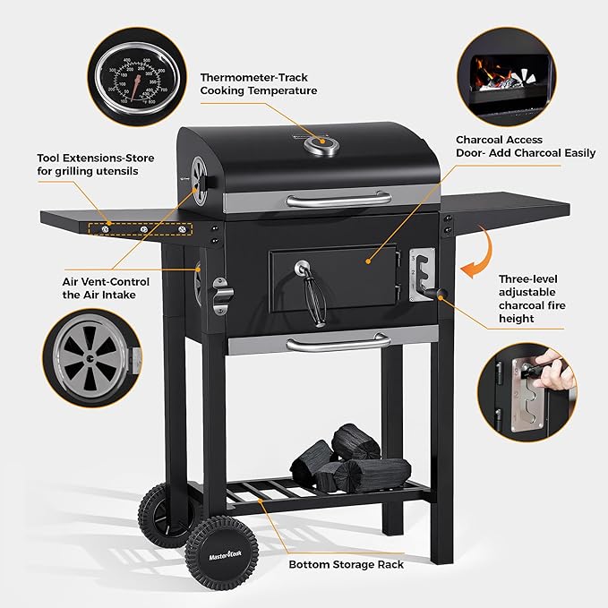 MASTER COOK Charcoal Grills with Two Foldable Side Tables 353 Sq.In Cooking Area Outdoor Smoke Barbecue bbq Grill for Camping Backyard Party Patio Picnic Garden Black18D x 43W x 37H