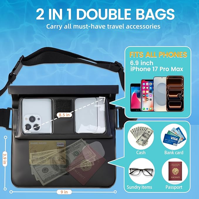 Niveaya Double Space Waterproof Fanny Pack IPX8 Waterproof Pouch Dry Belt Bag for Beach Kayaking Swimming Touchscreen &amp PhotographyBoat Travel Essentials for Women Men(2 Pack)