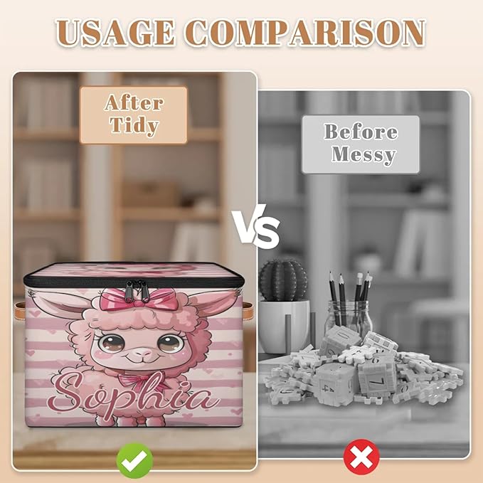 Custom Storage Basket with Name Personalized Storage Bins with Zipper Lid Foldable Fabric Storage Box Large capacity with Handle Bow Alpaca