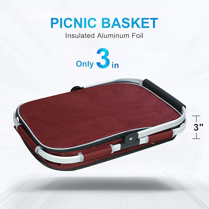 LIQING 35L Large Picnic Basket 2 Layers of Internal Pockets Leak-Proof and Insulated Folding with Internal Support for enhansed Stability Wedding Gifts for Couple(Wine red)