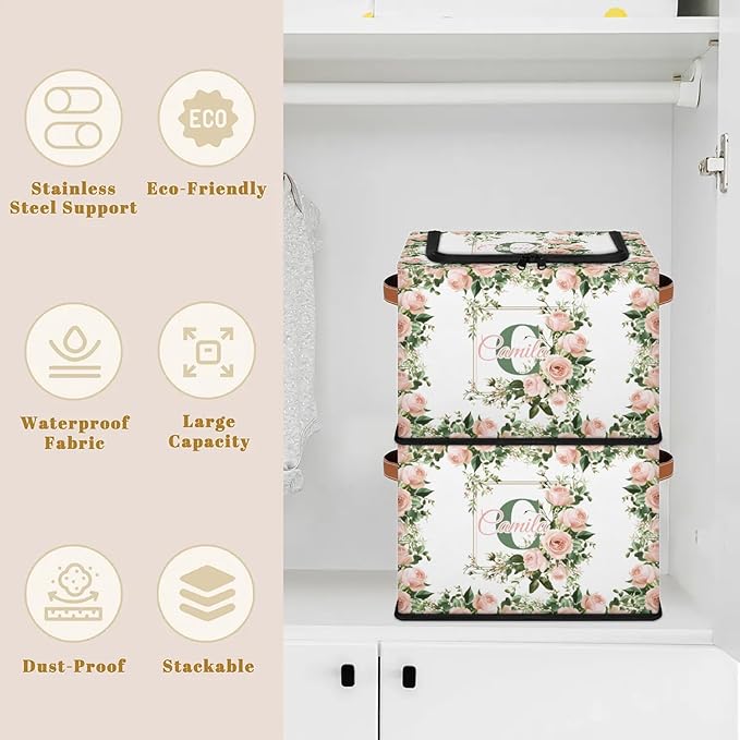 Personalized Rose.flower Initials Storage Bins with Zipper Lid Custom Fabric Storage Boxes Foldable Closet Organizers Cubes for Clothes Shelves Home Decorative 2PCS