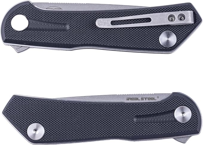 REALSTEEL Real Steel VALORE Liner Lock Flipper Pocket Knife - Nitro-V Steel Ball Bearing G10 Handle Two-Bolt Design - Perfect for Camping Hiking EDC Cutting Tasks (Black G10/Stonewash)