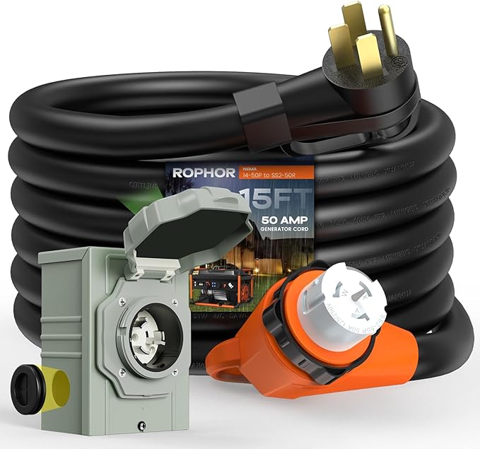 Rophor 50 Amp Generator Cord and Pre-Drilled Power Inlet Box 15FT Heavy Duty NEMA 14-50P to SS2-50R Extension Cord Twist Locking with Inlet Box 125/250V 12500W ETL Listed for Outdoor Emergency Kit