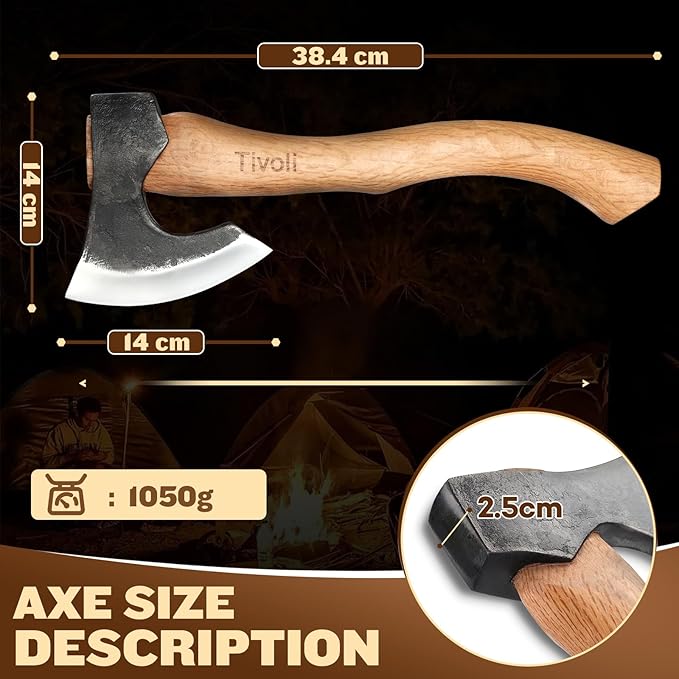 Tivoli 15 Inch Camping Axes and Hatchets Bushcraft Axe for Wood Splitting and KindlingHand Forged Carbon Steel Chopping Axes Ash Wood Handle with Sheath for Camping and Survival
