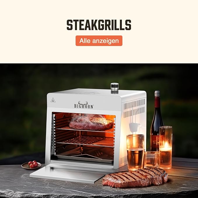 BIG HORN OUTDOORS 1500°F Small Infrared Propane Gas Grill – Portable Steak Broiler &amp Sear Station Outdoor Salamander BBQ with Pizza Stone Stainless Steel