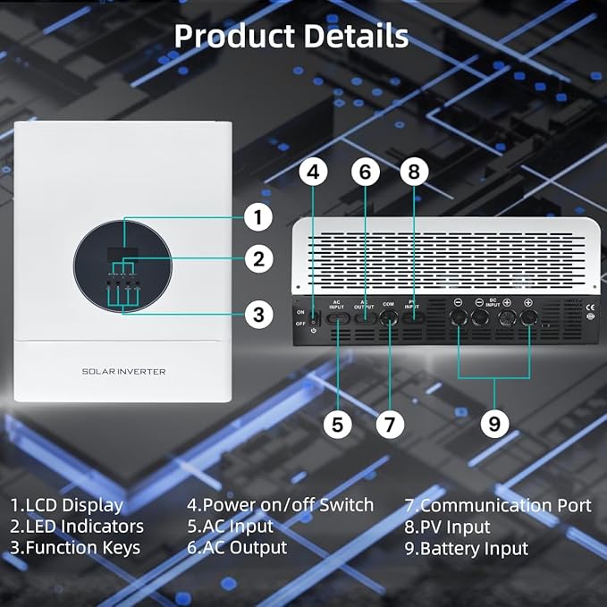 5000W Split Phase Hybrid Solar Inverter 48VAC to 110V/220VAC Built-in 120A MPPT Solar Charge Controller Max.PV Input 6400W 150VDC 60A Work w/ 48V Lead Acid/Lithium Batteries for HomeRVTruck