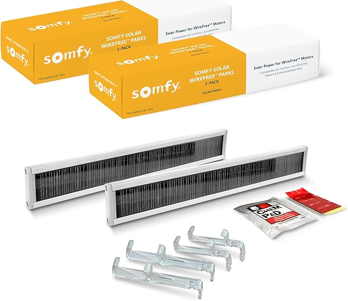 Somfy Wirefree Li-ion Solar Panel Kit 2-Pack - Solar Panel Power for RTS Motorized Shades Blinds and Curtains - Long Lasting Easy to Install - Includes Brackets and Glass Mount Adhesive #9027294
