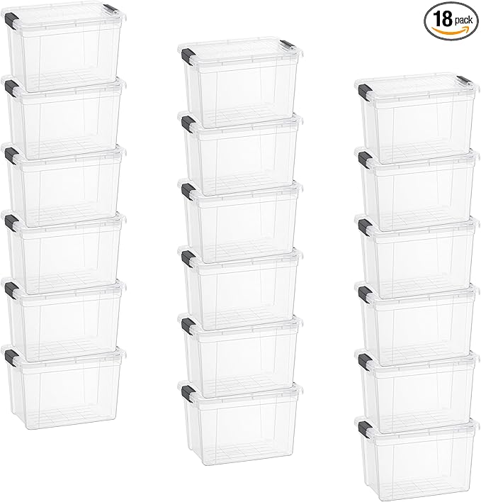Superio Clear Storage Box with Lid 2.5 Quart Plastic Container Bins for Organizing Stackable Crates BPA Free Non Toxic Odor Free Organizers 18 Pack