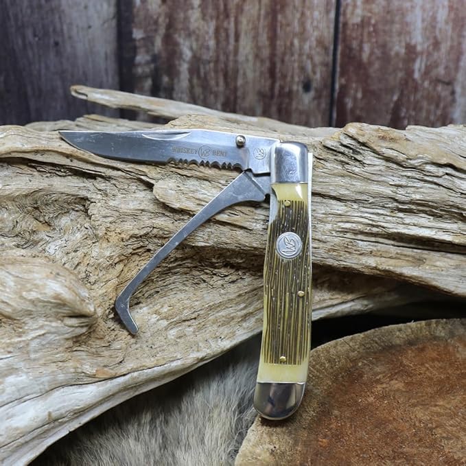 WHISKEY BENT HAT CO. Trapper Folding Pocket Knife with Hoofpick 4.125 Closed Length 440C Stainless Steel Blades (Sawmill)