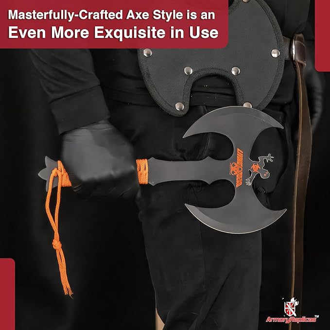Armory Replicas™ Double Headed Skulking Throwing Axe – Full Tang Black Anodized Stainless Steel Axe with Orange Nylon Wrap &amp Sheath
