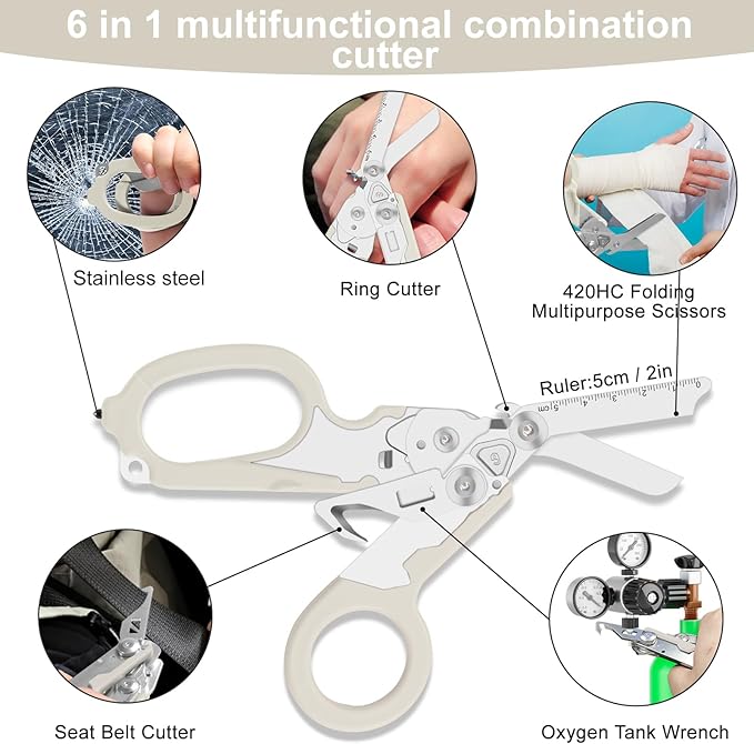 6 in 1 trauma shears folding emergency shear Outdoor Camping Tools Seat Belt Cutter Oxygen Cylinder Wrench Complimentary Adjustable Wrench (Luminous Silver)