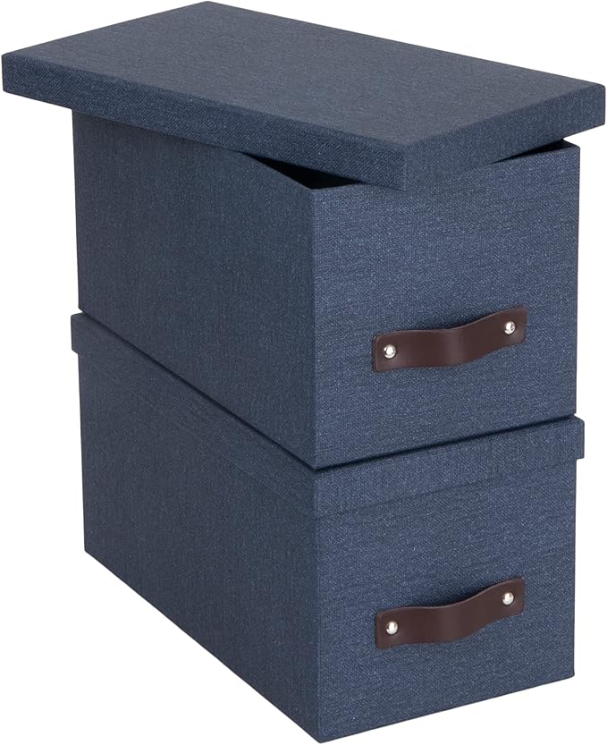Bigso Silvia Organizational Storage Box with Leather Handle for Shelves and Stacks Easily - Durable and Decorative Storage Boxes with Lids - 5.9 in x 6.5 in x 11.6 in - 2 Pack - Blue