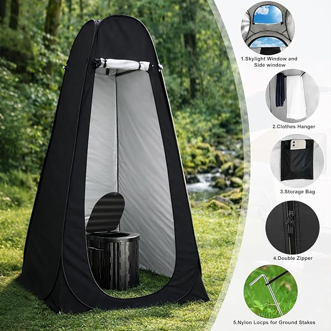 Portable Camping Toilet with Privacy Tent - Foldable Toilet Set for Adults and Elderly - Pop Up Outdoor Restroom for Travel Hiking RV Truck Trailer (Black)