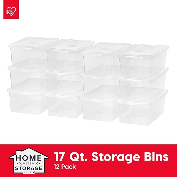 IRIS USA 12-Pack Storage Bins with Lids 17 Quart Shoe Boxes Clear Stackable Containers Organize Shoes Closet Shelves Classroom Organization Teacher Tools Game Storage - BPA-Free Plastic