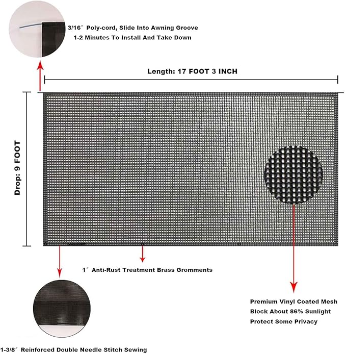 Tentproinc RV Awning Sun Shade Screen 9' X 17' 3'' (Fit for 18' Awning) Mesh Screen Sunshade RV Awning Sunscreen Motorhome Camping Trailer Awning Shadescreen Block UV Glare - 3 Year Warranty (Black)