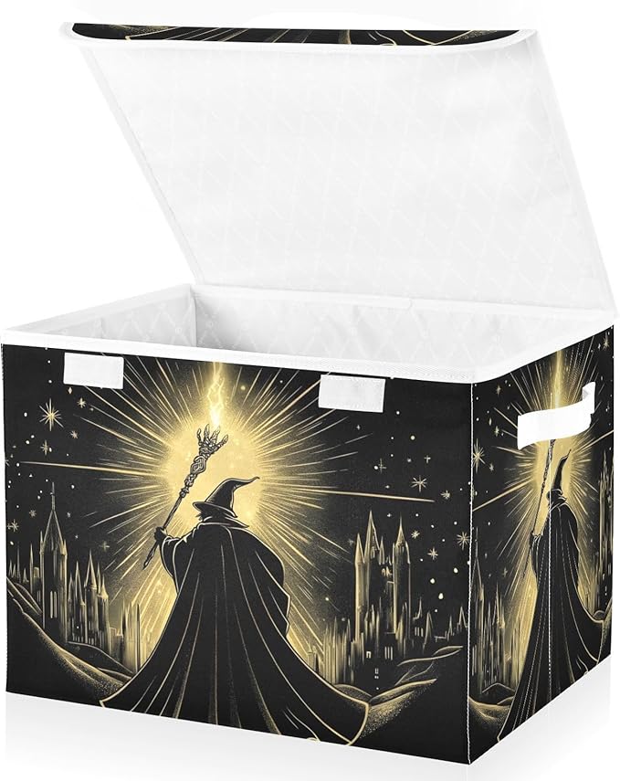 Large Storage Bins Witch Gold Black with Linen Foldable Storage Cubes Fabric Closet Organizer Containers box with Flip-Top Lid for Home Office 16.5 x 12.6 x 11.8 IN