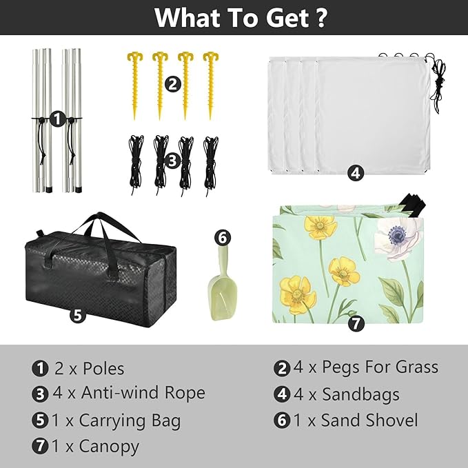 xigua Wildflowers Beach Tent Sun Shelter with Carrying Bag - Silver Coated Oxford Fabric Beach Canopy for Beach Camping Fishing - Includes Windproof Ropes Sandbags &amp Stakes