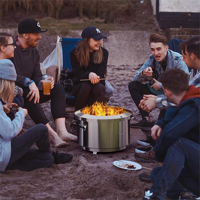 Onlyfire 24 Inch Outdoor Smokeless Fire Pit Stainless Steel Fire Bowl Portable Wood Burning Stove with Detachable Handles for Backyard Camping