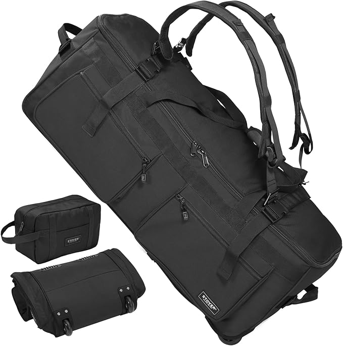 STOVER 45/80/100L U-Zip Rolling Duffel Bag with Wheels X-Large Durable Travel Duffle + Toiletry Bag Lay-Flat Opening Packable w/Shoulder Straps- Use as Luggage or Backpack Men/Women (Black)