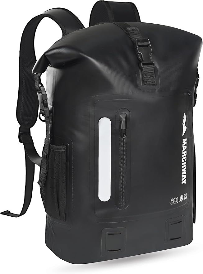 MARCHWAY Roll Top Waterproof Backpack Floating Dry Bag 20L/30L/45L with Ergonomic Rectangular Base Cushioned Back Hip Strap for Hiking Camping Kayaking Travel (Black 20L)