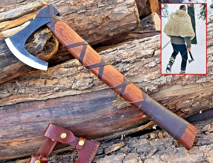 Ragnar Viking Axe - Hand Forged Carbon Steel Hatchet with Leather Sheath | Norse Bearded Axe for Camping Throwing Hunting Outdoor Survival | Gift for Men