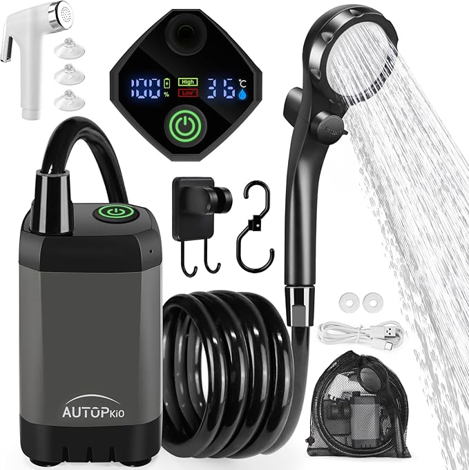 AUTOPkio Portable Camping Shower 6000mAh Rechargeable Camp Shower Pump with USB Cable &amp Electric Outdoor Shower Head Sprayer for Camping Hiking Pet Bathing Washing
