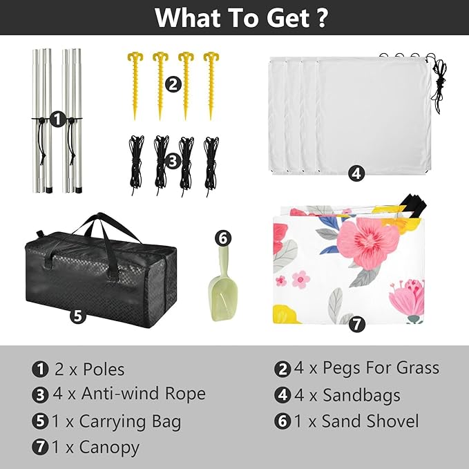 Beach Canopy with Windproof Ropes &amp Sandbags Beach Tent Sun Shade Sun Shelter for Camping Trips Fishing Backyard Fun or Picnics Flowers