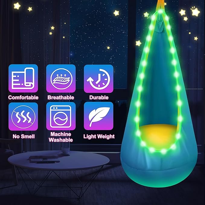 Light Up Swing Chair Hammock Chair Indoor Outdoor for Kids Pod with LED Lights Soft and Safe 176 lb. Load Capacity Easy Installation Perfect for Bedroom Garden and Playroom (Light Blue)