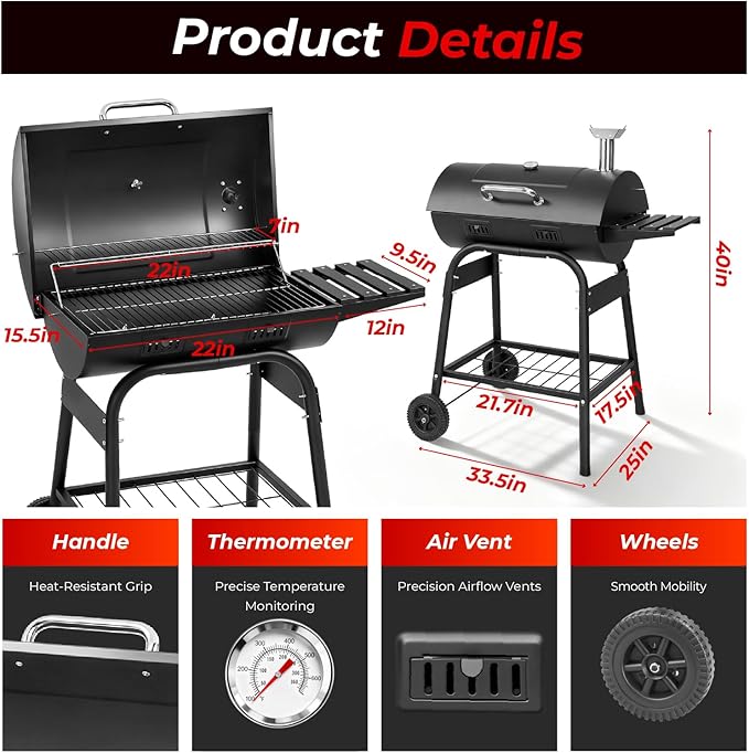 VINGLI Upgraded Barrel Charcoal Grill with 2 Sides Table BBQ Grill Outdoor Smoker with Wheels for Party Garden Patio and Backyard Cooking 39''D × 24''W × 46''H (Upgraded Grill w/Side Table)