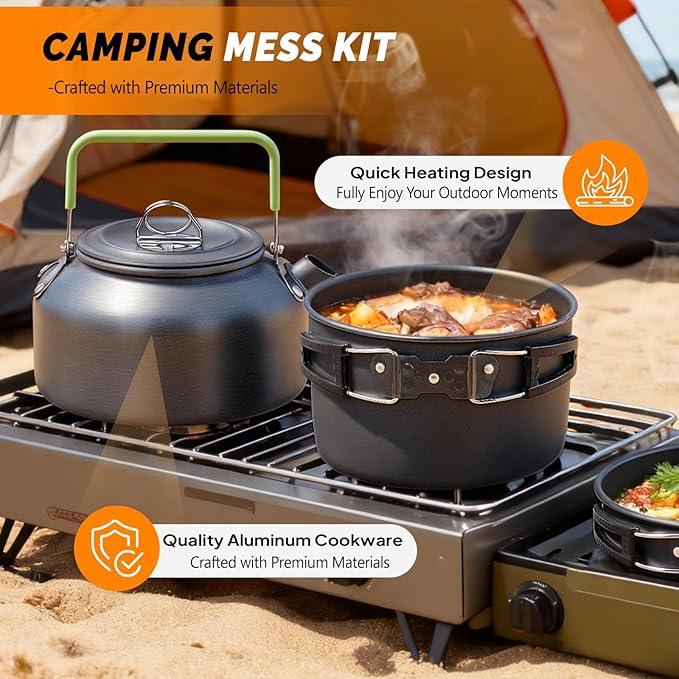 ROVSUN 34/10/6 pcs Camping Cookware Mess Kit Lightweight Non-Stick Camping Cooking Pot and Pan Set with Stainless Steel Camping Gear Kettle Cup for Open Fire Backpacking Outdoor Cooking