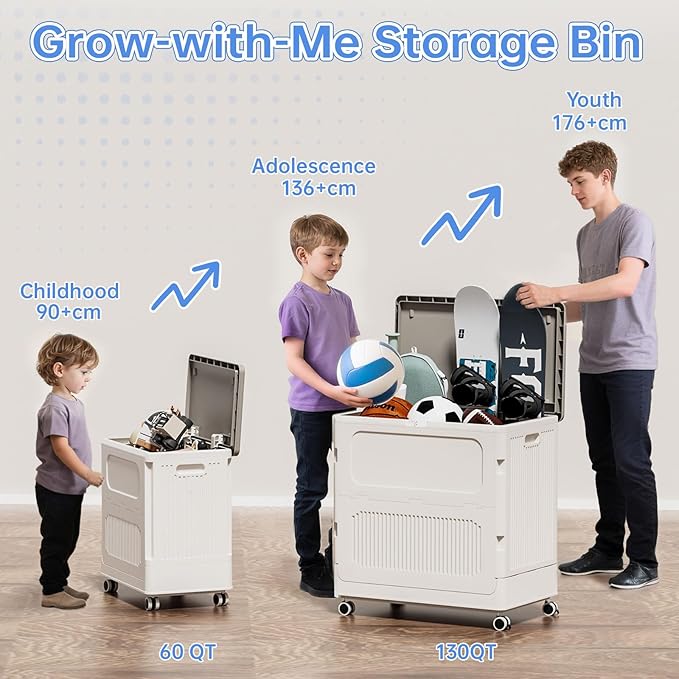 HAIXIN Flip-top Storage Bin with Lid - 60 QT Plastic Storage Box with Wheels 14.8 Gal Stackable Closet Organizer for Clothes Blanket Movable Storage Organization for Laundry Cream White