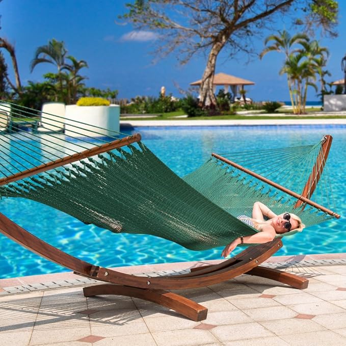 Lazy Daze Hammocks 10.5 FT Double 2 Person Caribbean Rope Hammock Hand Woven Polyester Hammock with Spreader Bars for Outside Outdoor Backyard Patio Poolside 450 LBS Capacity Green