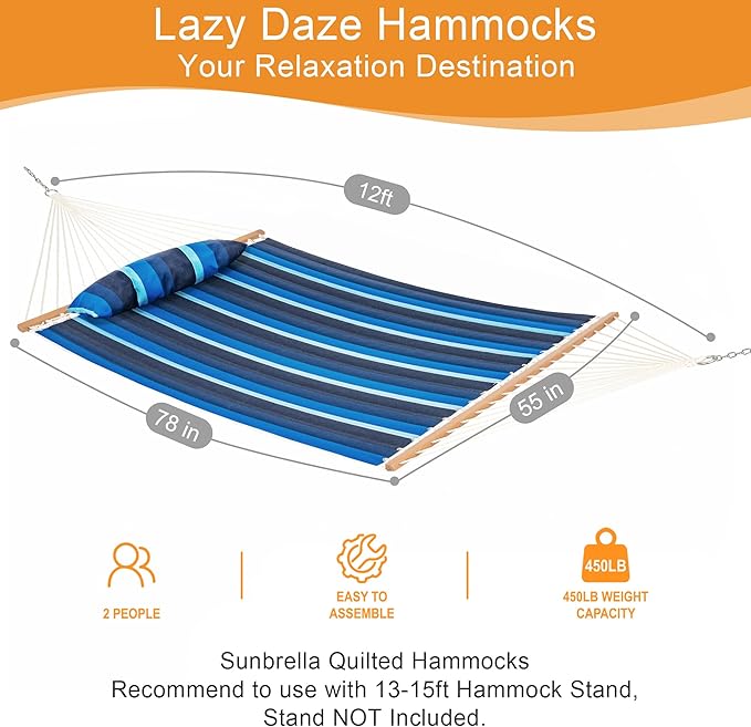 Lazy Daze Hammocks 12 FT Sunbrella Fabric Quilted Hammock Double Sunbrella Quilted Hammock with Spreader Bars &amp Pillow All Weather and Fade Resistant for Outdoor 450 lbs Capacity Gateway Indigo