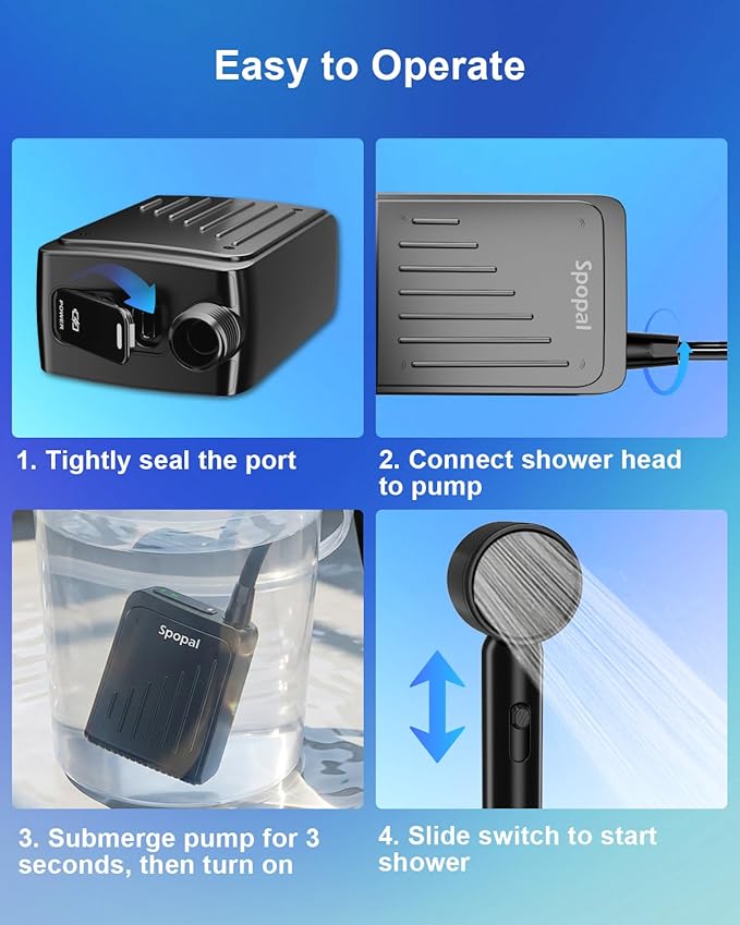 Spopal Portable Shower for Camping [Long-Lasting] 5000mAh Rechargeable Camping Shower 4 Spray Modes IPX8 Waterproof Outdoor Camp Pump for Hiking Travel Car Pet